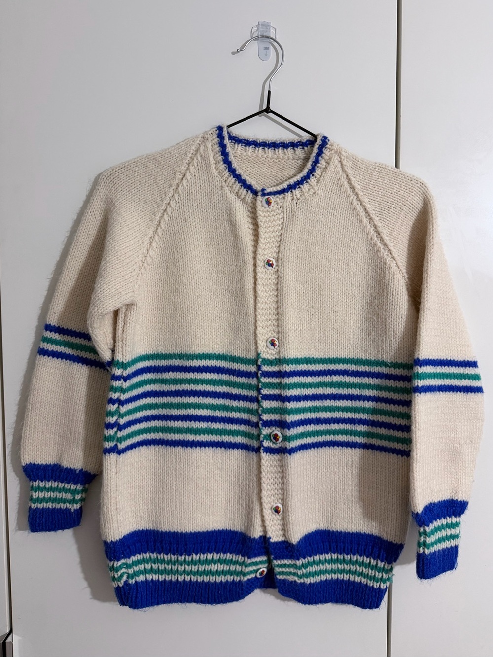 Cream Handmade Knit Cardigan with Blue and Green Stripes - Kids 7-11 years